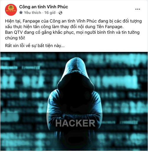 Xác định được hacker tấn công, đổi tên Fanpage Công an tỉnh Vĩnh Phúc