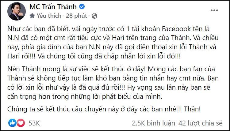 Antifan xúc phạm Hari Won kém duyên: Gia đình gọi điện xin lỗi, Trần Thành chấp nhận bỏ qua