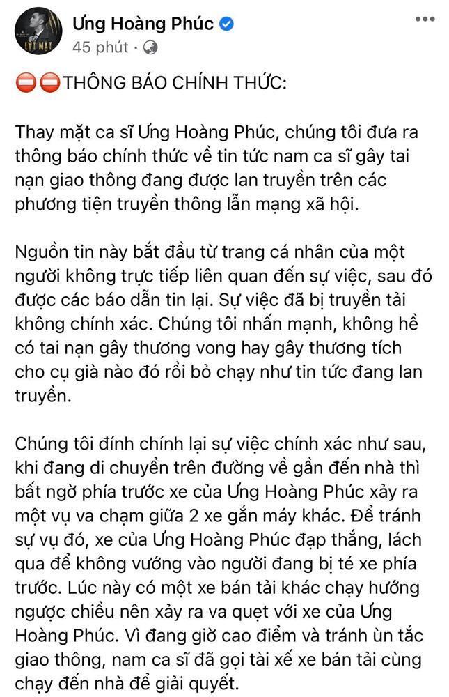 Ưng Hoàng Phúc lên tiếng làm rõ thông tin gây tai nạn rồi bỏ chạy