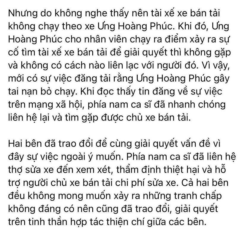 Ưng Hoàng Phúc lên tiếng làm rõ thông tin gây tai nạn rồi bỏ chạy