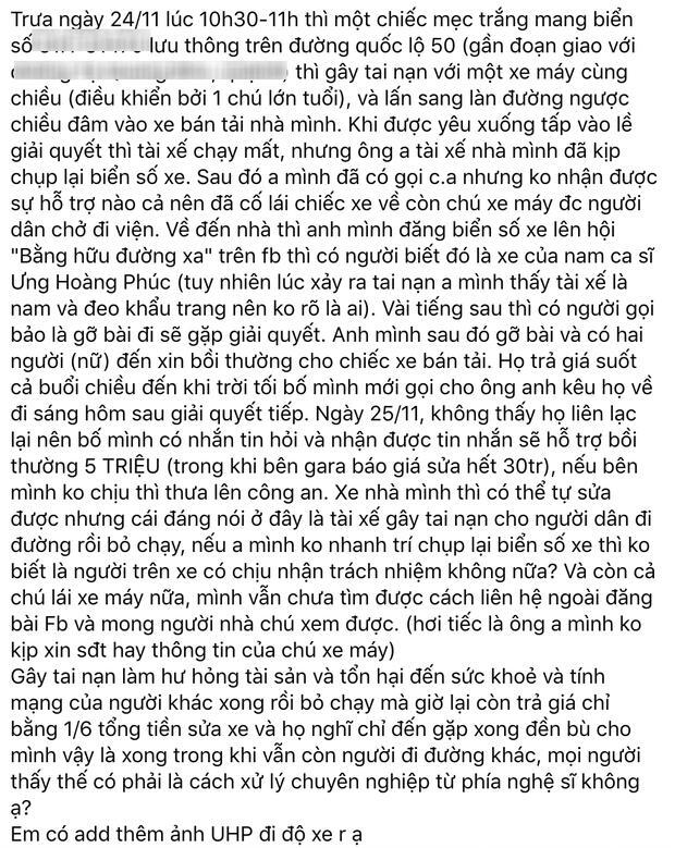 Ưng Hoàng Phúc lên tiếng làm rõ thông tin gây tai nạn rồi bỏ chạy