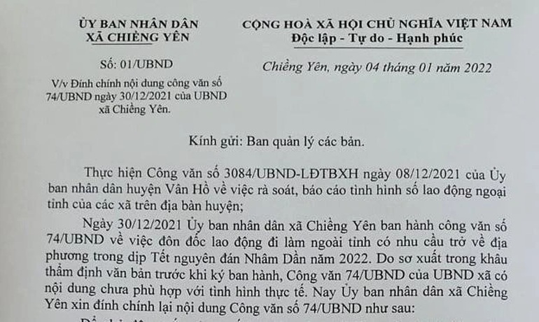 Sơn La: Hủy bỏ quy định người dân phải về ăn Tết trước ngày 10/1 của xã Chiềng Yên