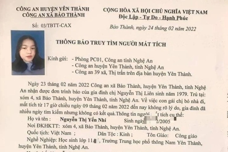 Tìm kiếm nữ sinh lớp 11 ở Nghệ An mất tích nhiều ngày qua