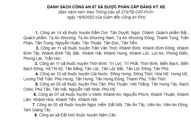 Danh sách Công an 67 xã ở Cà Mau