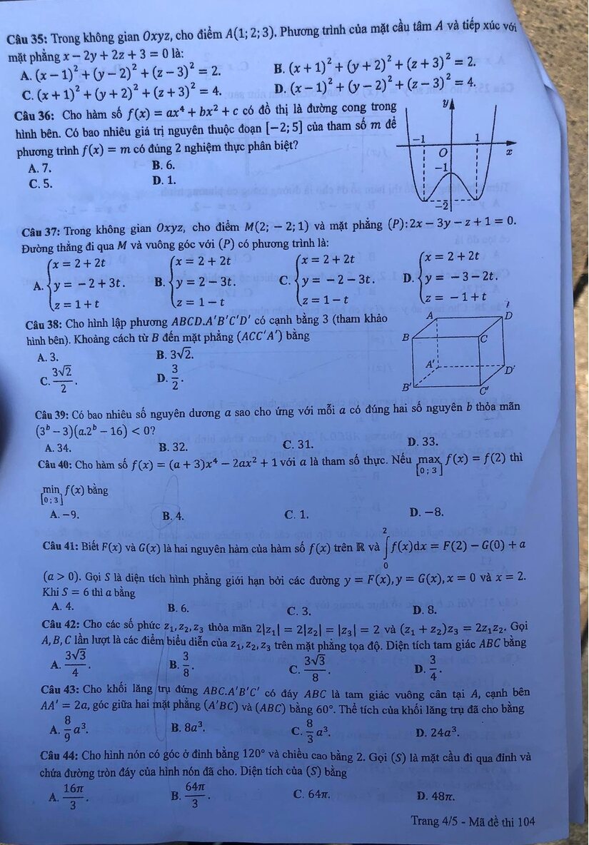 Đáp án đề thi môn Toán Học mã đề 104 kỳ thi THPT Quốc Gia 2022