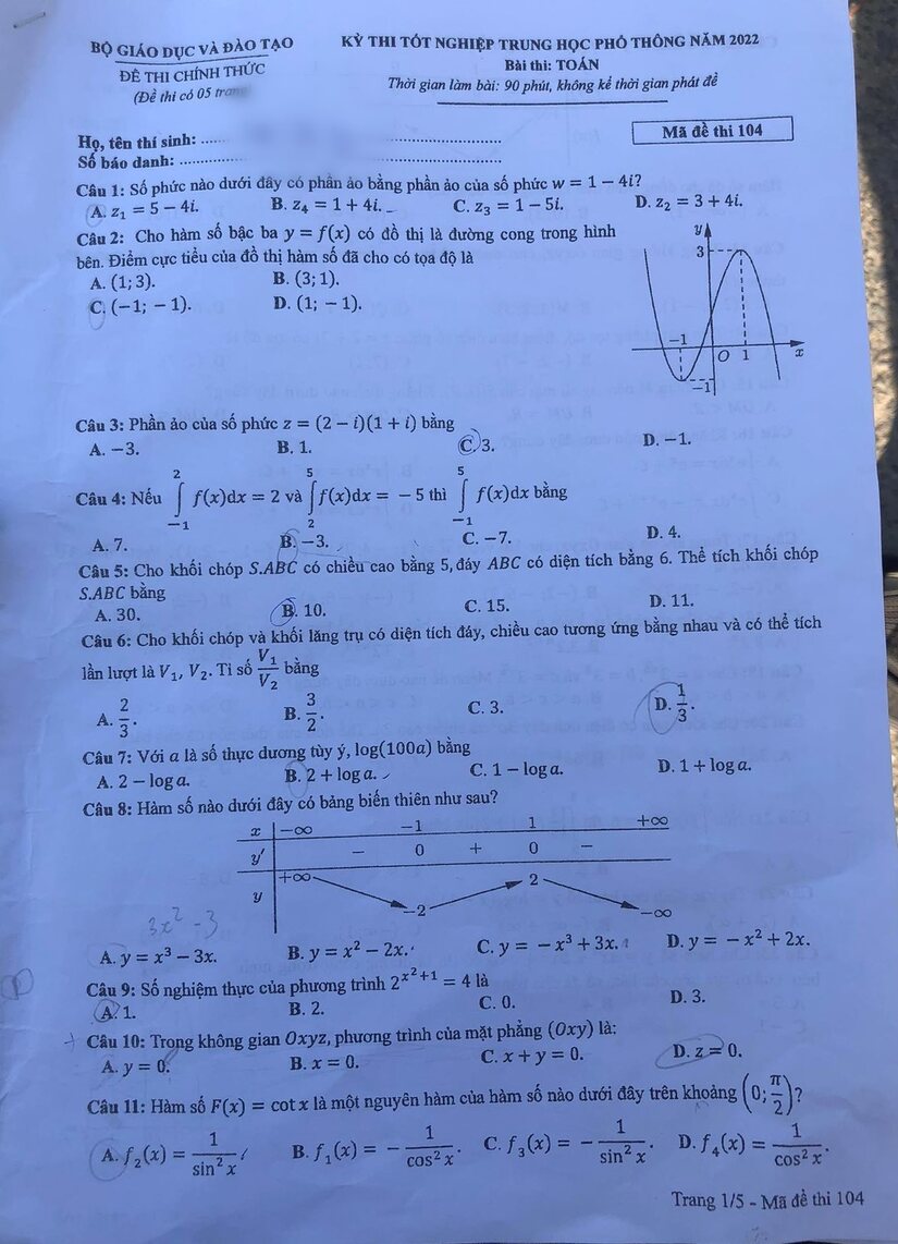 Đáp án đề thi môn Toán Học mã đề 104 kỳ thi THPT Quốc Gia 2022