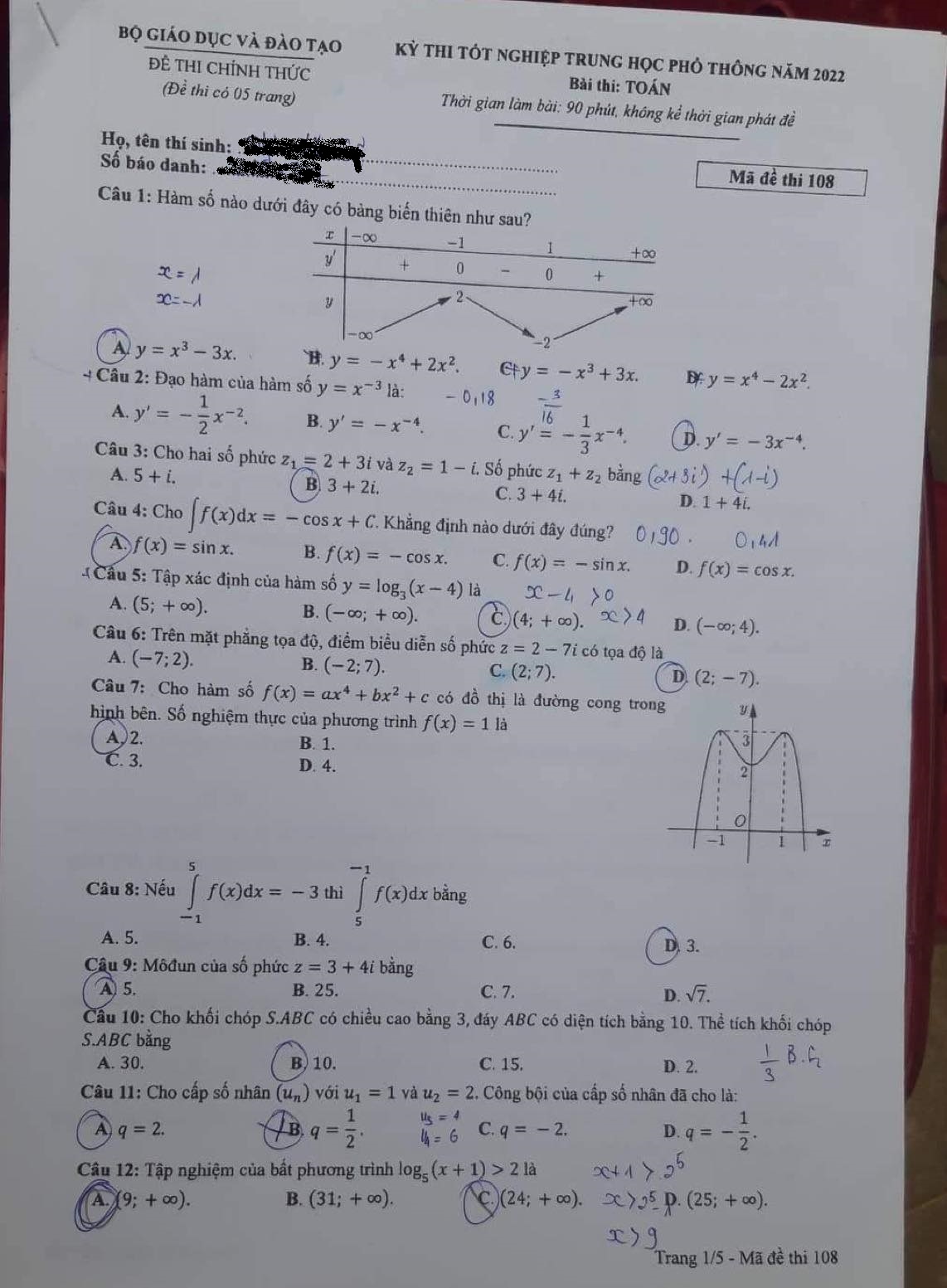 Đáp án đề thi môn Toán Học mã đề 108 kỳ thi THPT Quốc Gia 2022