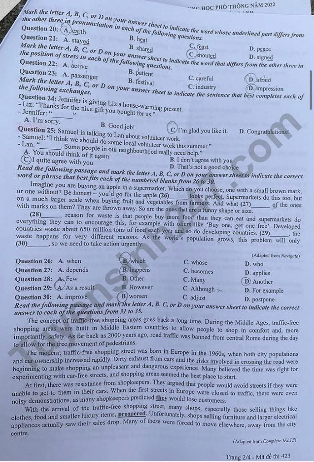 Đáp án đề thi môn Tiếng Anh mã đề 423 kỳ thi THPT Quốc Gia 2022