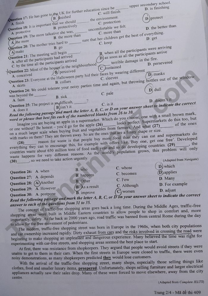 Đáp án đề thi môn Tiếng Anh mã đề 409 kỳ thi THPT Quốc Gia 2022