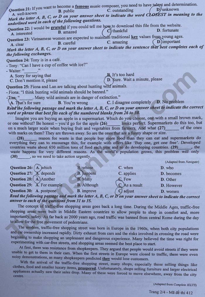 Đáp án đề thi môn Tiếng Anh mã đề 412 kỳ thi THPT Quốc Gia 2022