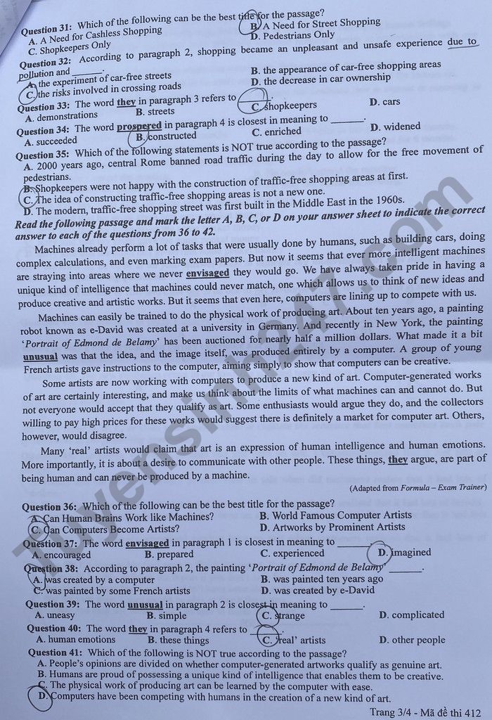 Đáp án đề thi môn Tiếng Anh mã đề 412 kỳ thi THPT Quốc Gia 2022