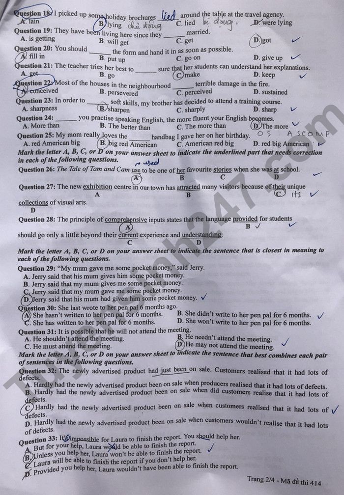 Đáp án đề thi môn Tiếng Anh mã đề 414 kỳ thi THPT Quốc Gia 2022