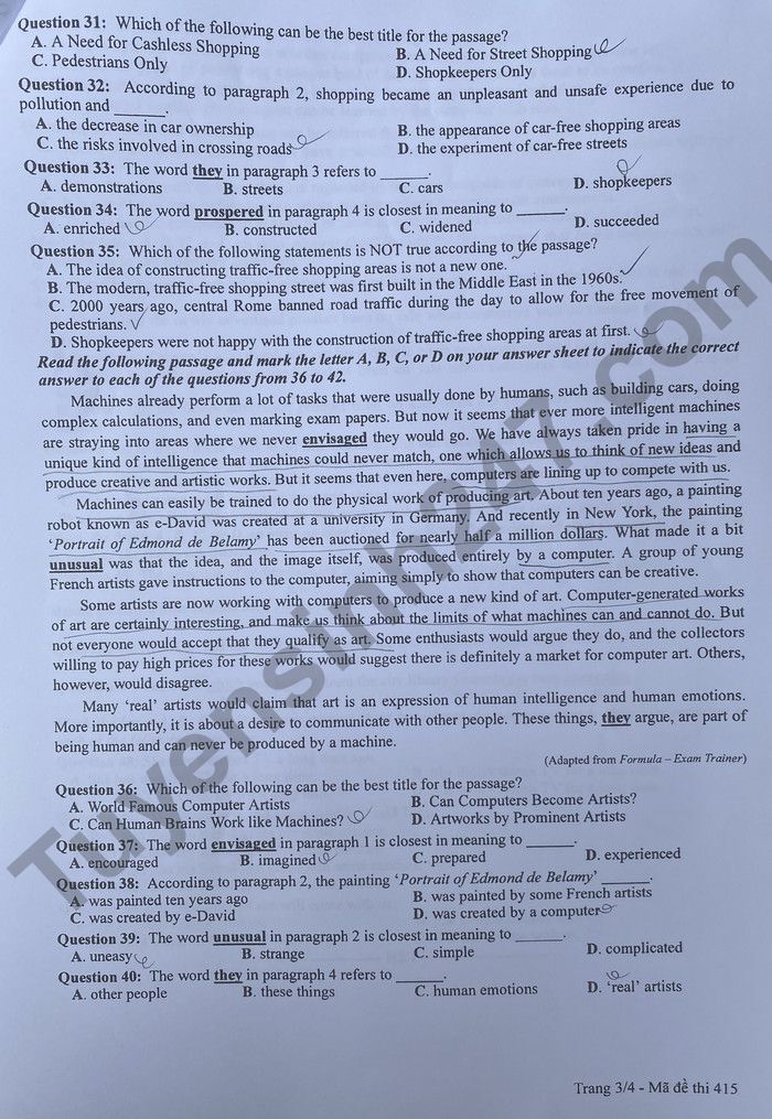 Đáp án đề thi môn Tiếng Anh mã đề 415 kỳ thi THPT Quốc Gia 2022