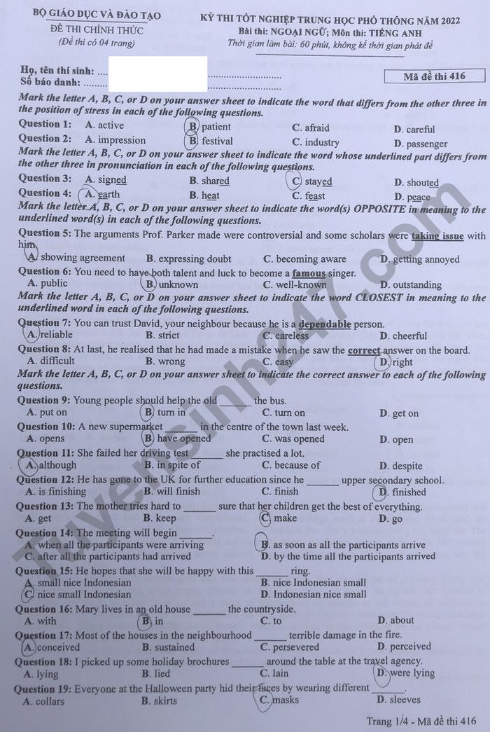 Đáp án đề thi môn Tiếng Anh mã đề 416 kỳ thi THPT Quốc Gia 2022