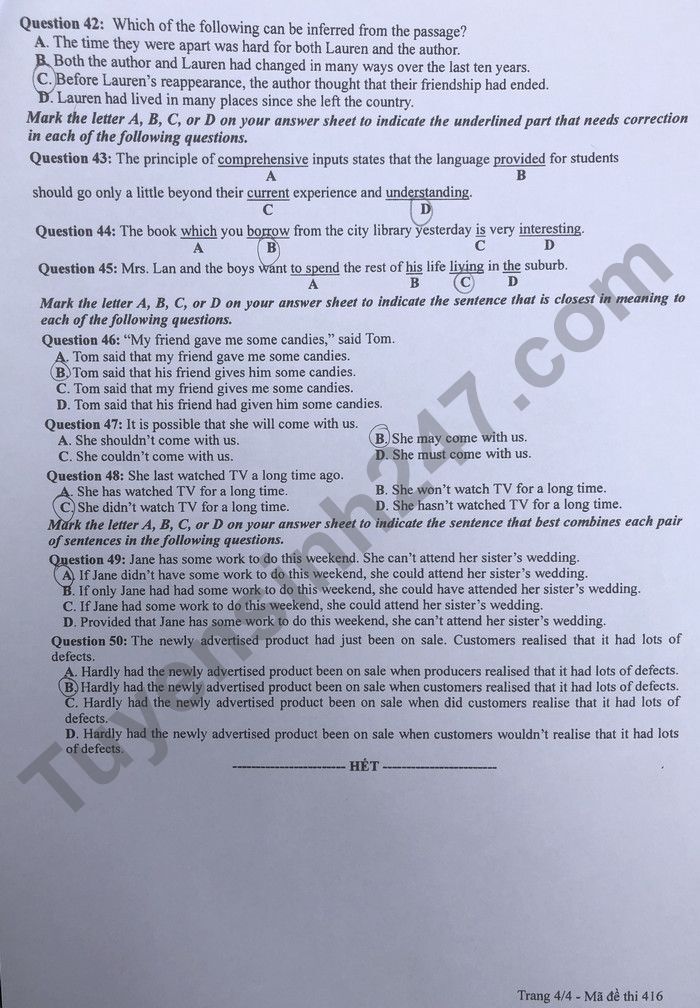 Đáp án đề thi môn Tiếng Anh mã đề 416 kỳ thi THPT Quốc Gia 2022