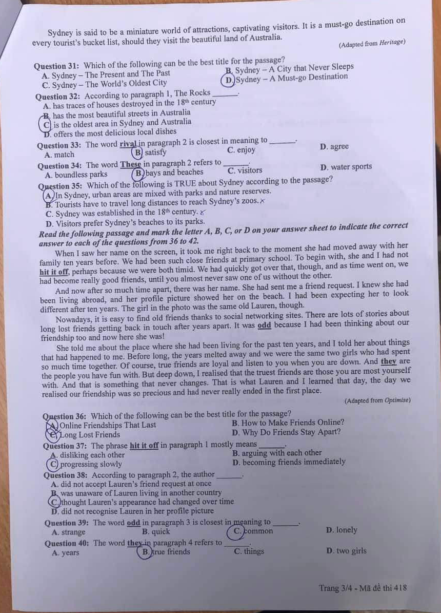 Đáp án đề thi môn Tiếng Anh mã đề 418 kỳ thi THPT Quốc Gia 2022