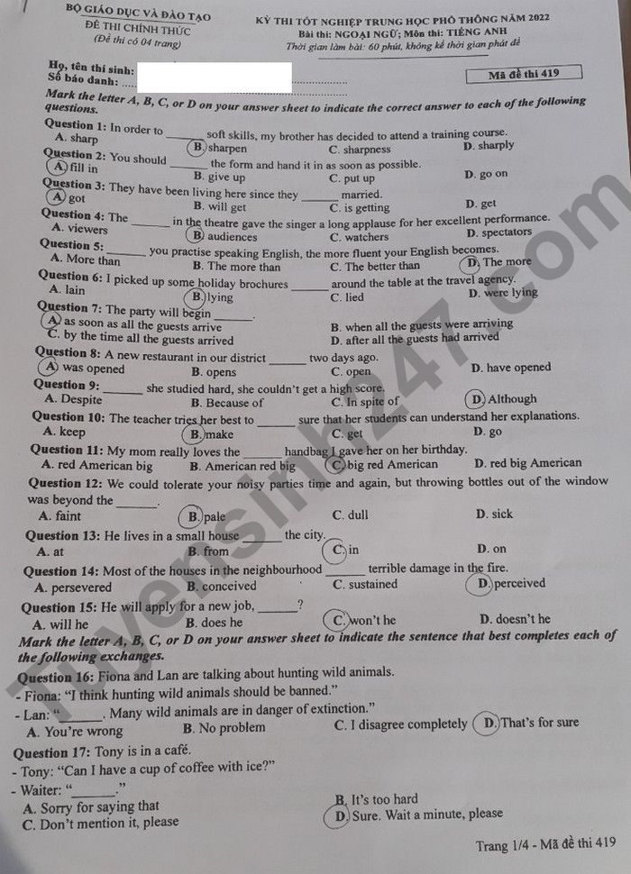 Đáp án đề thi môn Tiếng Anh mã đề 419 kỳ thi THPT Quốc Gia 2022