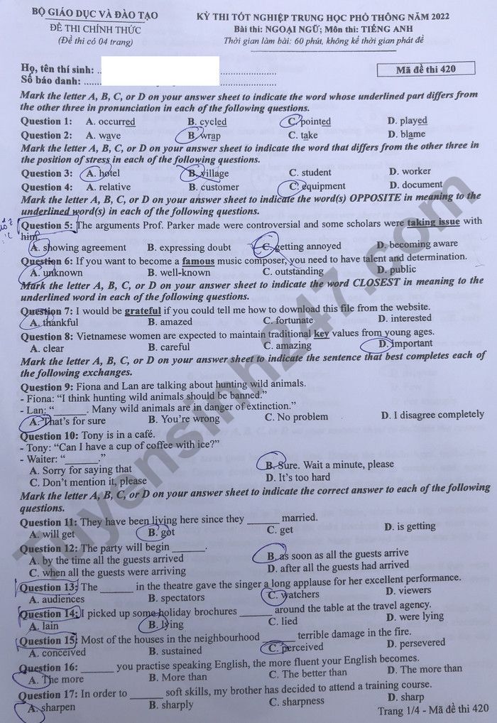 Đáp án đề thi môn Tiếng Anh mã đề 420 kỳ thi THPT Quốc Gia 2022