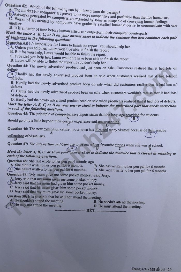 Đáp án đề thi môn Tiếng Anh mã đề 420 kỳ thi THPT Quốc Gia 2022