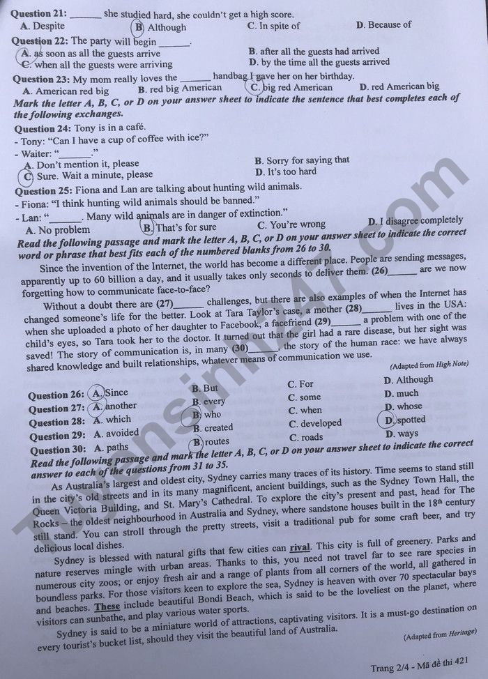 Đáp án đề thi môn Tiếng Anh mã đề 421 kỳ thi THPT Quốc Gia 2022