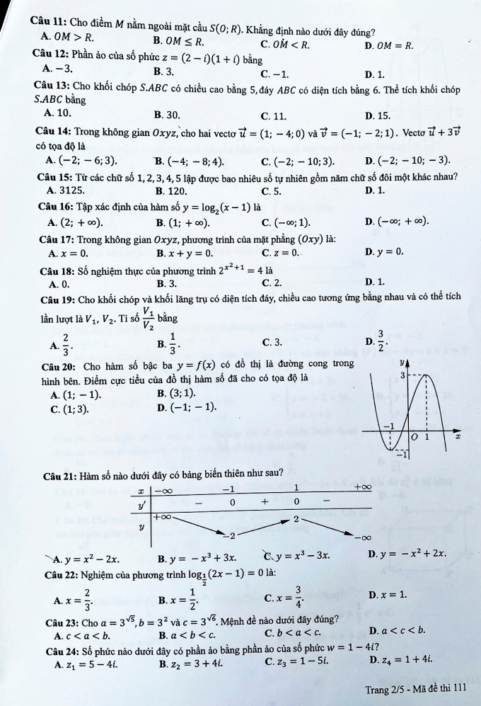 Đáp án đề thi môn Toán Học mã đề 111 kỳ thi THPT Quốc Gia 2022