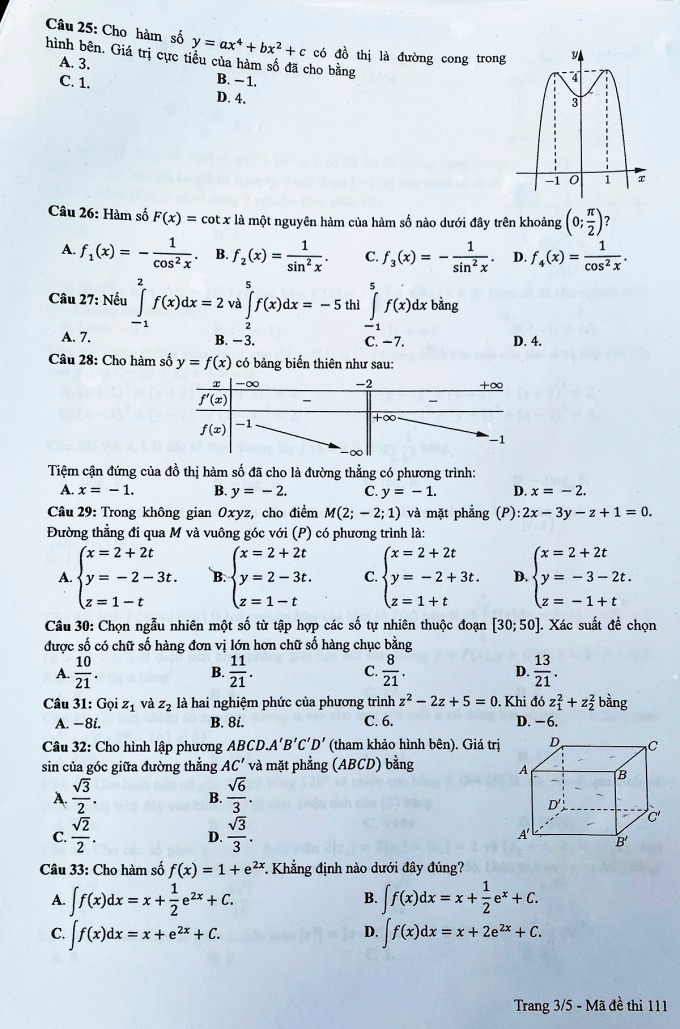 Đáp án đề thi môn Toán Học mã đề 111 kỳ thi THPT Quốc Gia 2022
