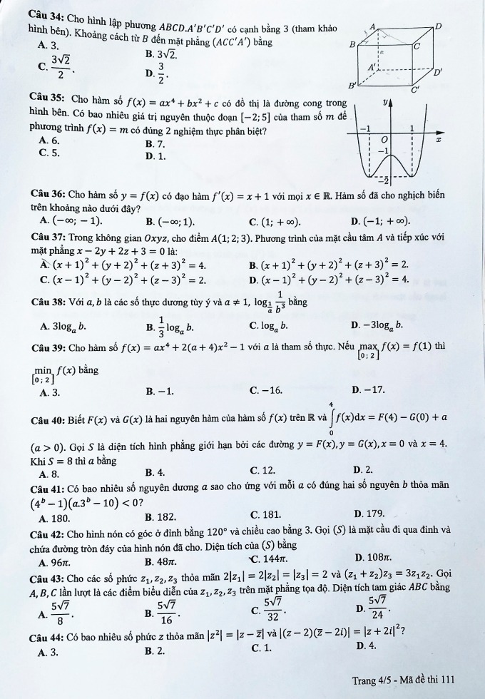 Đáp án đề thi môn Toán Học mã đề 111 kỳ thi THPT Quốc Gia 2022