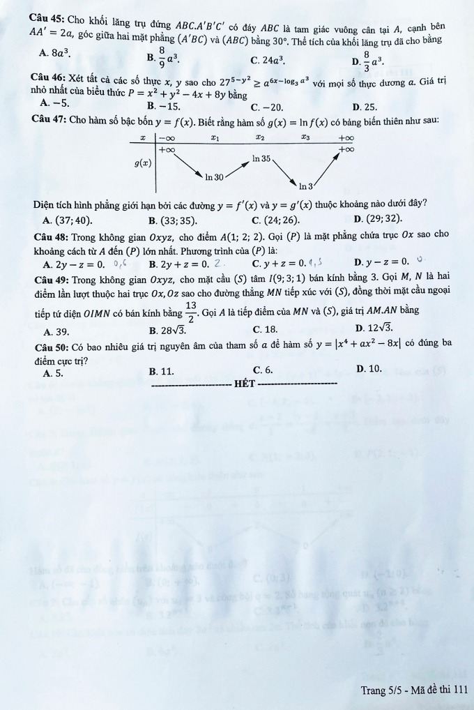 Đáp án đề thi môn Toán Học mã đề 111 kỳ thi THPT Quốc Gia 2022