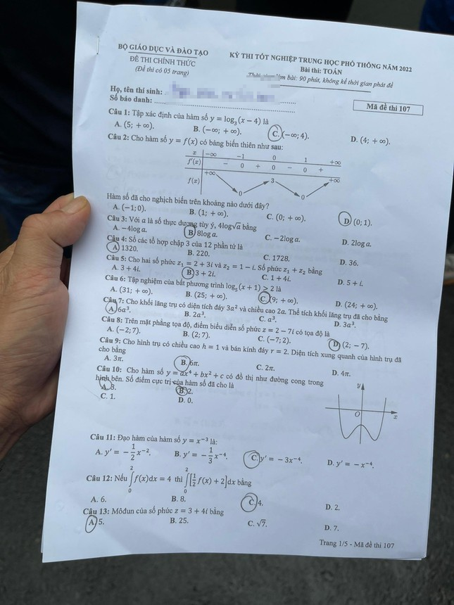 Đáp án đề thi môn Toán Học mã đề 107 kỳ thi THPT Quốc Gia 2022