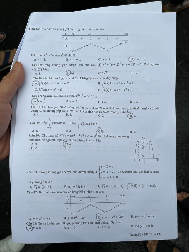 Đáp án đề thi môn Toán Học mã đề 107 kỳ thi THPT Quốc Gia 2022