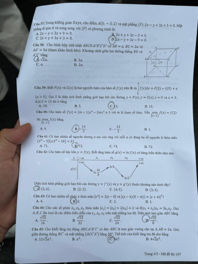 Đáp án đề thi môn Toán Học mã đề 107 kỳ thi THPT Quốc Gia 2022