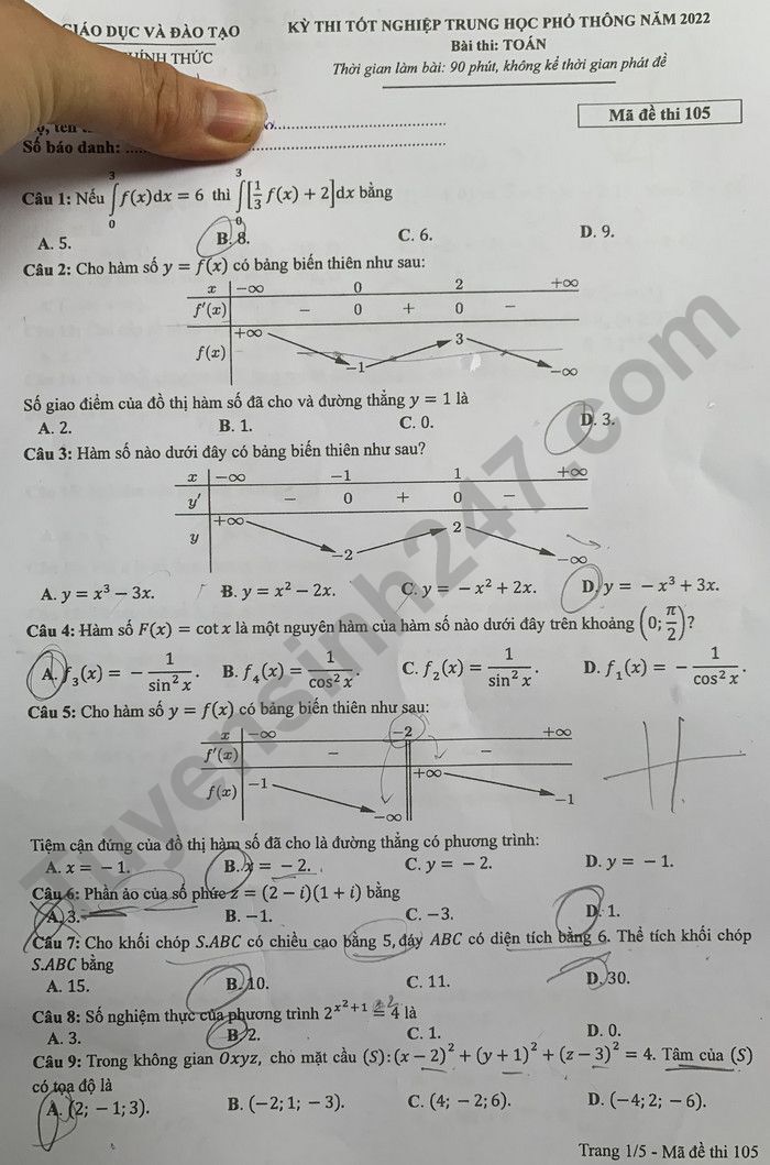 Đáp án đề thi môn Toán Học mã đề 105 kỳ thi THPT Quốc Gia 2022