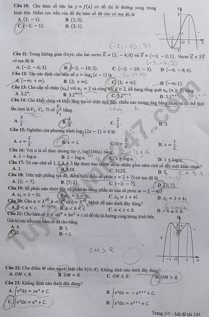 Đáp án đề thi môn Toán Học mã đề 105 kỳ thi THPT Quốc Gia 2022