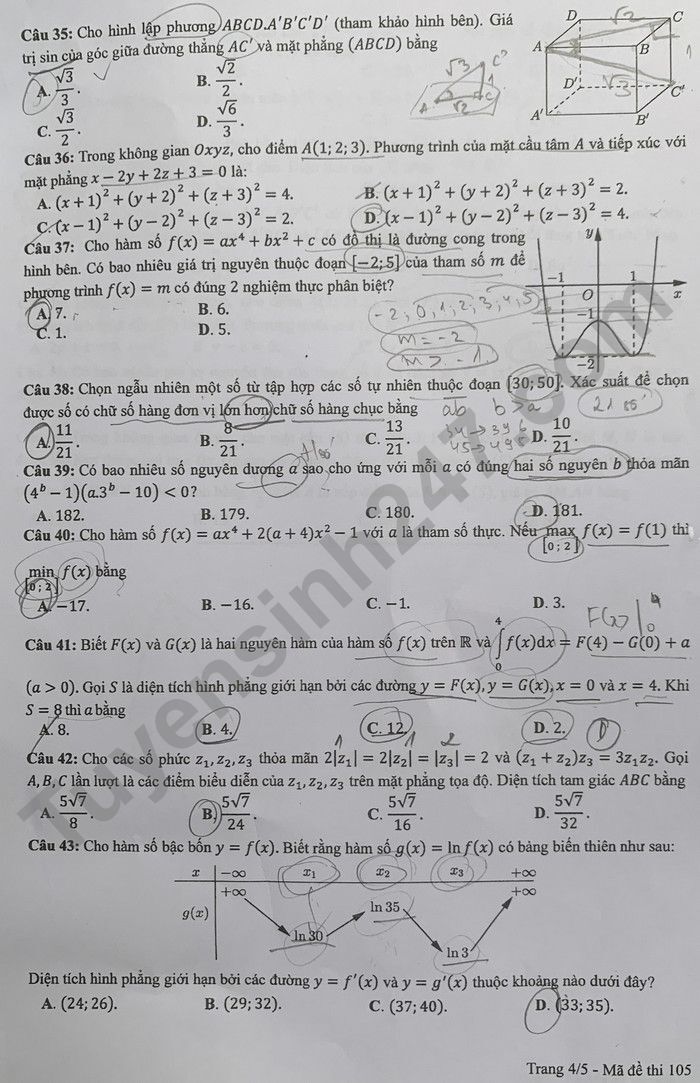 Đáp án đề thi môn Toán Học mã đề 105 kỳ thi THPT Quốc Gia 2022
