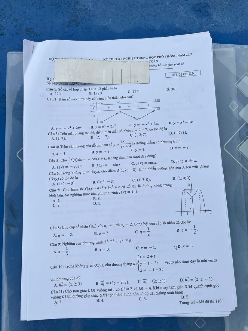 Đáp án đề thi môn Toán Học mã đề 116 kỳ thi THPT Quốc Gia 2022
