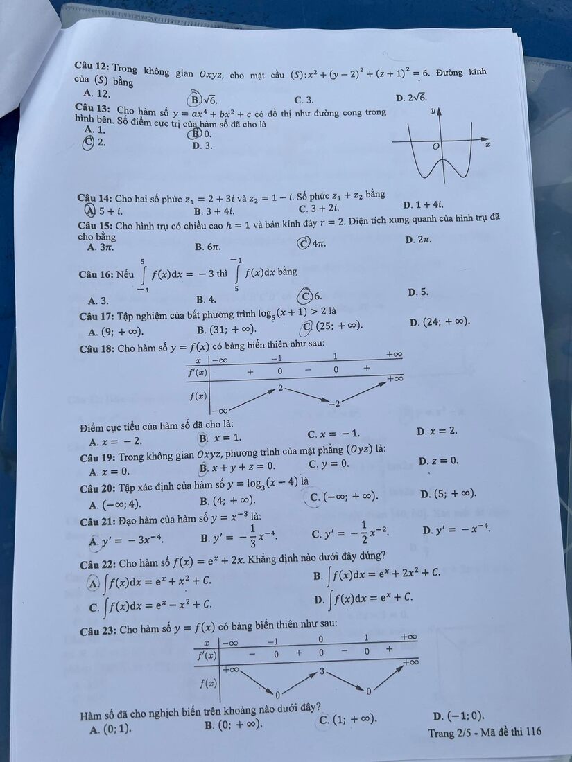 Đáp án đề thi môn Toán Học mã đề 116 kỳ thi THPT Quốc Gia 2022