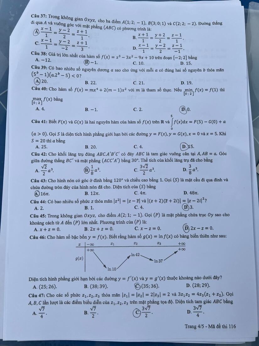 Đáp án đề thi môn Toán Học mã đề 116 kỳ thi THPT Quốc Gia 2022