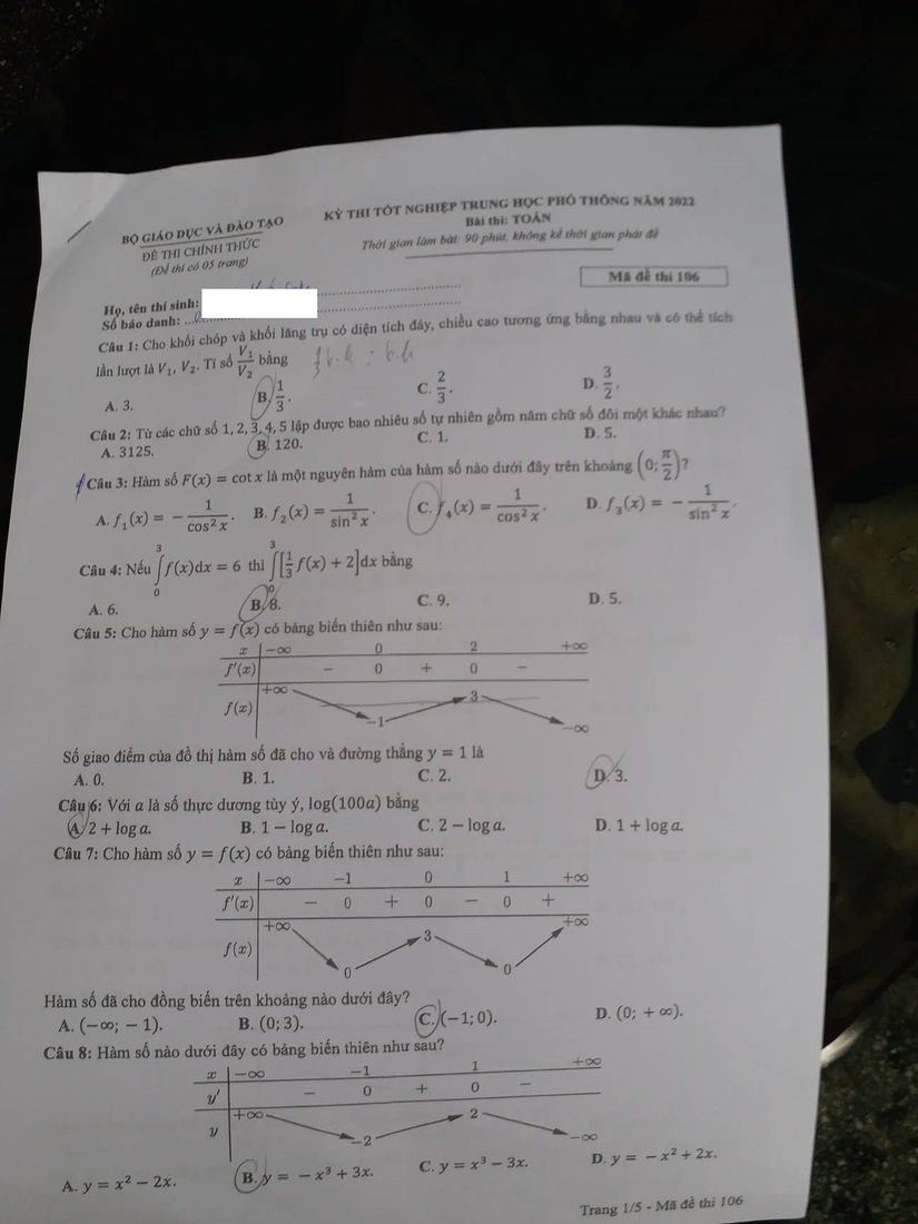 Đáp án đề thi môn Toán Học mã đề 106 kỳ thi THPT Quốc Gia 2022