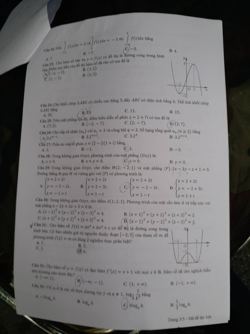 Đáp án đề thi môn Toán Học mã đề 106 kỳ thi THPT Quốc Gia 2022