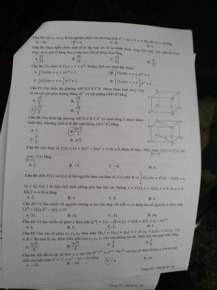 Đáp án đề thi môn Toán Học mã đề 106 kỳ thi THPT Quốc Gia 2022
