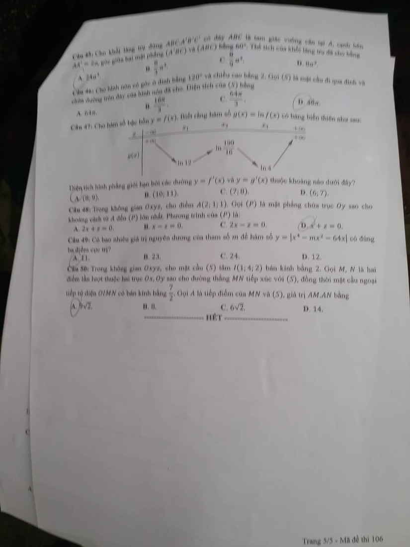Đáp án đề thi môn Toán Học mã đề 106 kỳ thi THPT Quốc Gia 2022