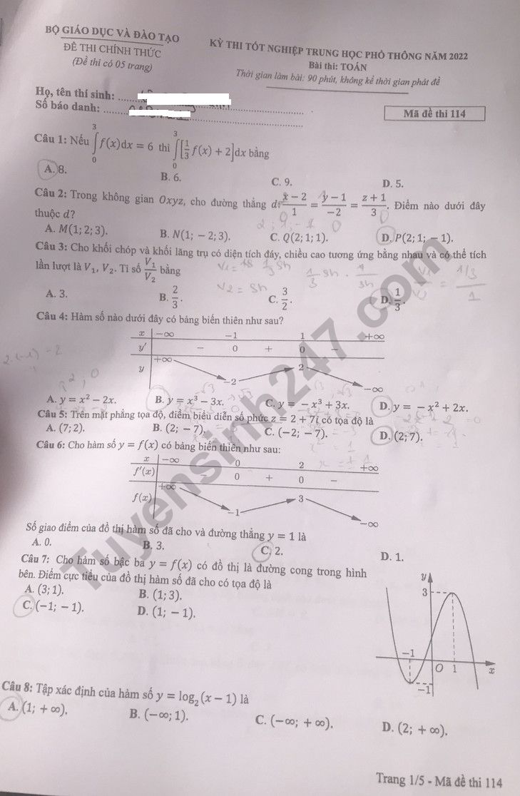 Đáp án đề thi môn Toán Học mã đề 114 kỳ thi THPT Quốc Gia 2022