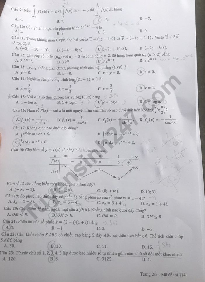 Đáp án đề thi môn Toán Học mã đề 114 kỳ thi THPT Quốc Gia 2022