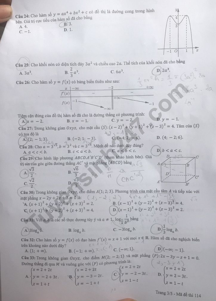 Đáp án đề thi môn Toán Học mã đề 114 kỳ thi THPT Quốc Gia 2022
