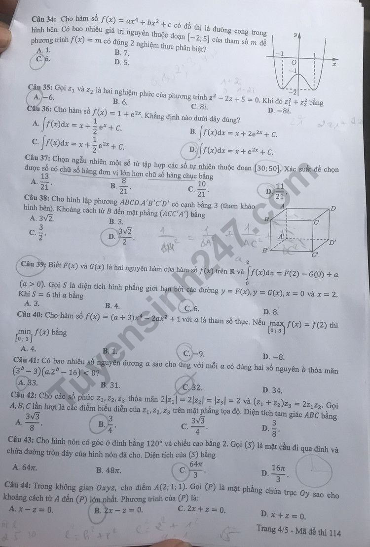 Đáp án đề thi môn Toán Học mã đề 114 kỳ thi THPT Quốc Gia 2022