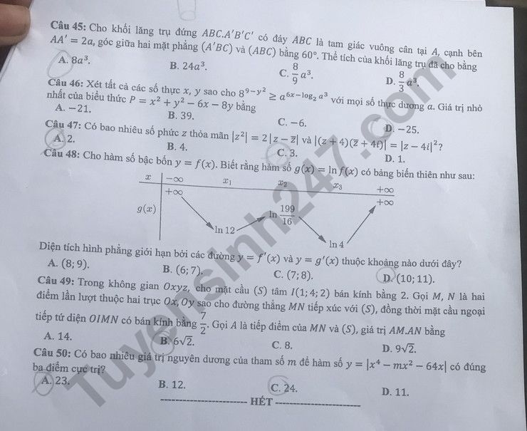 Đáp án đề thi môn Toán Học mã đề 114 kỳ thi THPT Quốc Gia 2022