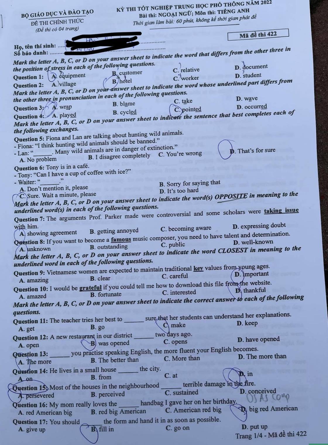 Đáp án đề thi môn Tiếng Anh mã đề 422 kỳ thi THPT Quốc Gia 2022