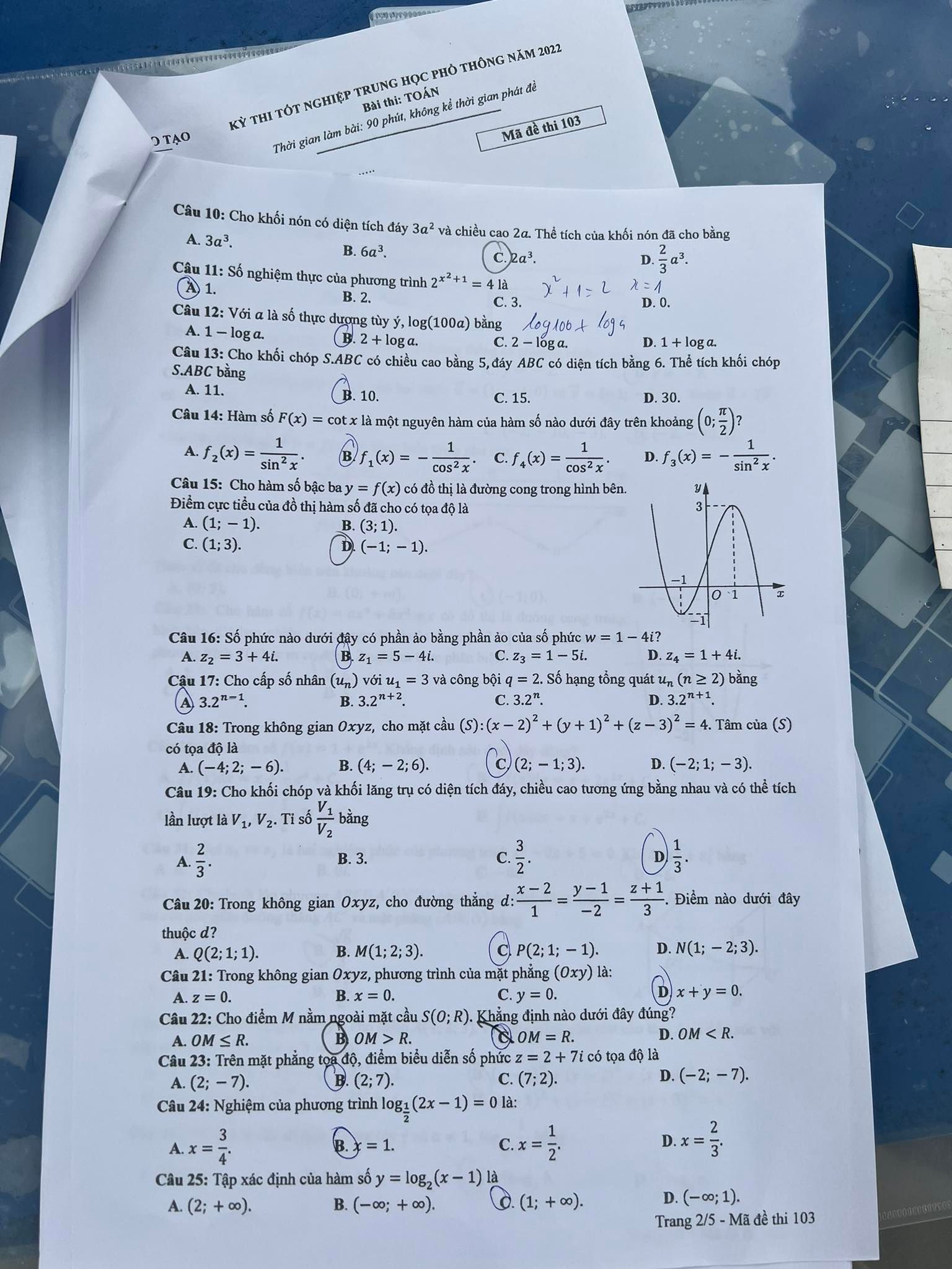 Đáp án đề thi môn Toán Học mã đề 103 kỳ thi THPT Quốc Gia 2022