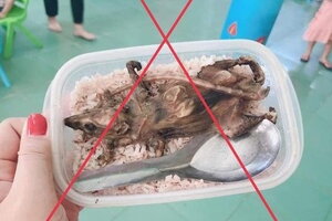 Ảnh học sinh ăn cơm với thịt chuột được chụp từ năm 2019