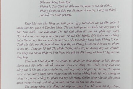 Bộ trưởng Tài chính Hồ Đức Phớc gửi thư khen lực lượng vụ tiếp viên ‘xách tay’ 11kg ma túy